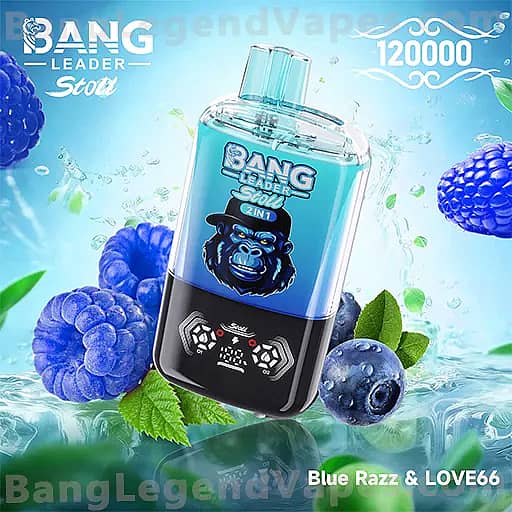 A blue Bang energy drink bottle with a gorilla logo sits on a black base with a control panel, surrounded by ice, blueberries, and green leaves against a bright blue background, with Blue Razz flavor text visible.