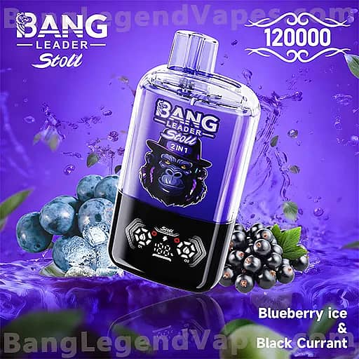 A purple Bang energy drink bottle with a gorilla logo, labeled 2-in-1, set against a purple background with blueberries and black currants; flavor text reads Blueberry Ice & Black Currant.