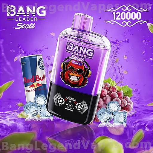Front-and-center purple Bang energy bottle with a cartoon monkey logo, accompanied by a Red Bull can, set against a purple background with ice cubes and grapes.