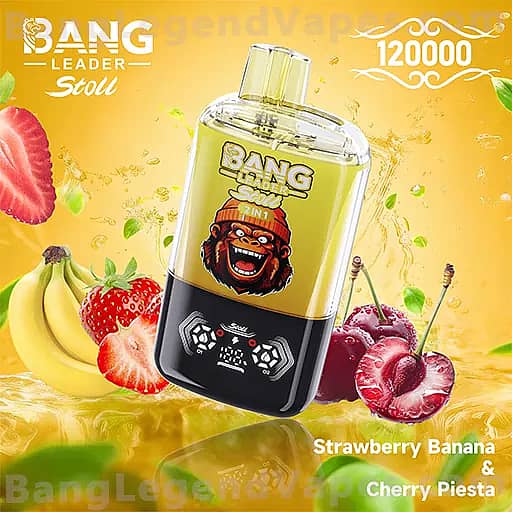 A yellow-and-black Bang energy bottle with a gorilla logo on the label, set against a bright yellow background with fruit imagery (strawberries, bananas, and cherries) and flavor text for Strawberry Banana and Cherry Fiesta.
