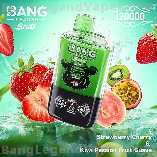 A green Bang Leader Stout bottle with a black base and gorilla logo sits tilted among fresh strawberries, kiwis, passion fruit, and guava, with flavor text indicating Strawberry, Cherry, Kiwi, Passion Fruit, and Guava.