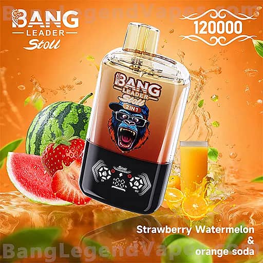 Bright orange advertisement for Bang Leader Stow 2-in-1 bottle featuring a transparent upper chamber with a gorilla logo, a black base, and surrounding watermelon, strawberry, and orange beverage imagery, with the caption Strawberry Watermelon & orange soda and the price 120000.
