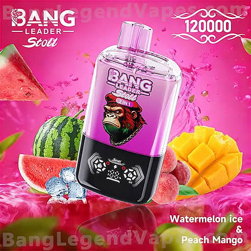 Bright pink advertisement showing a clear two-part bottle labeled Bang Leader Stoll with a gorilla logo and '2 in 1', surrounded by watermelon slices and a mango, promoting Watermelon ice & Peach Mango with '120000' in a decorative frame.