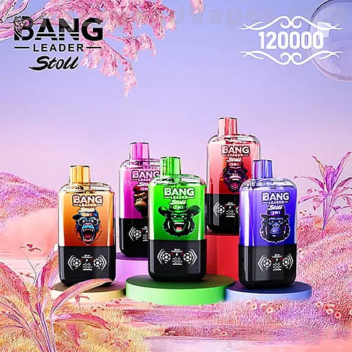 Five Bang energy drink bottles in orange, pink, green, red, and purple with gorilla logos sit on pastel circular platforms against a pink-purple tropical landscape with palm leaves.