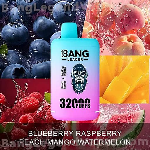Gradient turquoise to pink Bang Leader vape device labeled '3200 Puffs' with a screaming ape logo, set against a collage of fruits including blueberries, raspberries, peaches, mango, and watermelon, with the flavor names Blueberry Raspberry Peach Mango Watermelon at the bottom.
