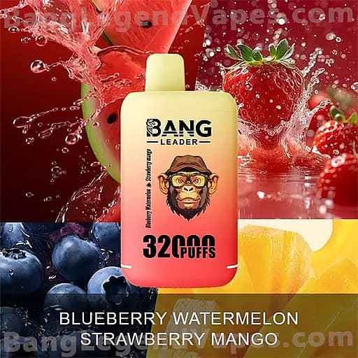 Bang Leader vape bottle with a yellow-to-pink gradient and a monkey logo, advertising 32000 puffs, surrounded by splashing fruit and listing flavors Blueberry, Watermelon, Strawberry, and Mango.