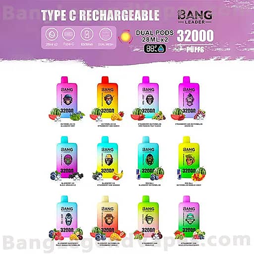 Promotional banner for Bang Type C Rechargeable dual-pod vape, featuring twelve colorful bottles in a grid with fruit imagery and the text '28 ml x 2' and '32,000 puffs' on a purple header.