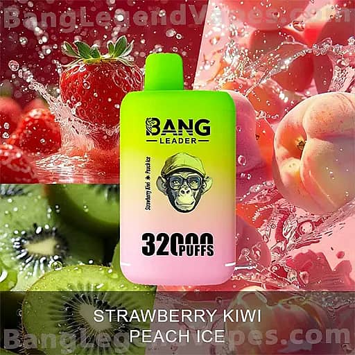 Bright lime-green bottle with a pink gradient and a monkey graphic reading 'BANG LEADER' and '32000 PUFFS' stands amid splashing water, with strawberries, kiwis, and peaches around it, and the flavor 'STRAWBERRY KIWI PEACH ICE' displayed at the bottom.