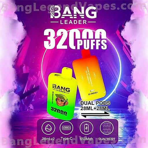 Vibrant advertisement for Bang Leader featuring two pod devices (green-yellow and orange) labeled 32,000 puffs, set against a purple neon background with a water-reflection effect and a circular light ring, plus icons indicating 28ml x2, Type-C, 650mAh, and dual mesh.