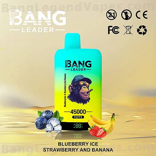 A turquoise-to-yellow Bang Leader vape bottle on a reflective surface, featuring a cartoon chimpanzee smoking a cigar on the label, surrounded by blueberries, ice cubes, a strawberry and a banana, with the flavor text 'Blueberry Ice Strawberry and Banana' and '45000 puffs' shown on the bottle, and certification icons in the upper-right corner.