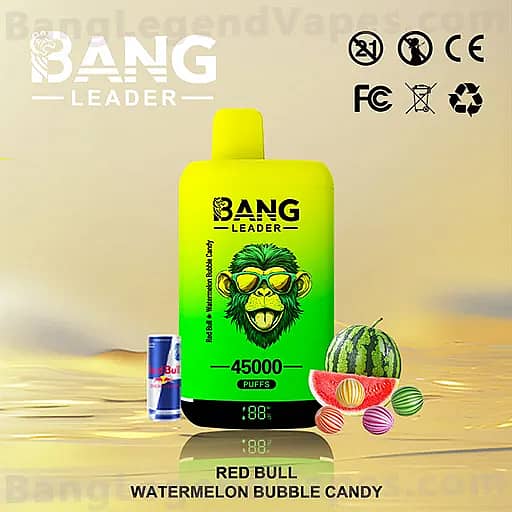 Neon green Bang Leader vape device showing '45000 PUFFS' with a monkey logo sits on a reflective surface next to a Red Bull can and watermelon bubble candy, against a beach sunset background.
