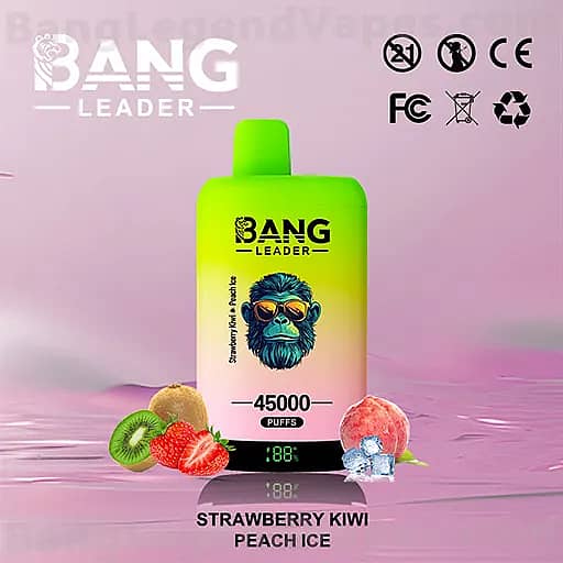 Bright gradient disposable vape device featuring a cartoon monkey, Bang Leader branding, and 45000 puffs, set against a pink gradient background with strawberry, kiwi, and peach ice flavors (Strawberry Kiwi Peach Ice).