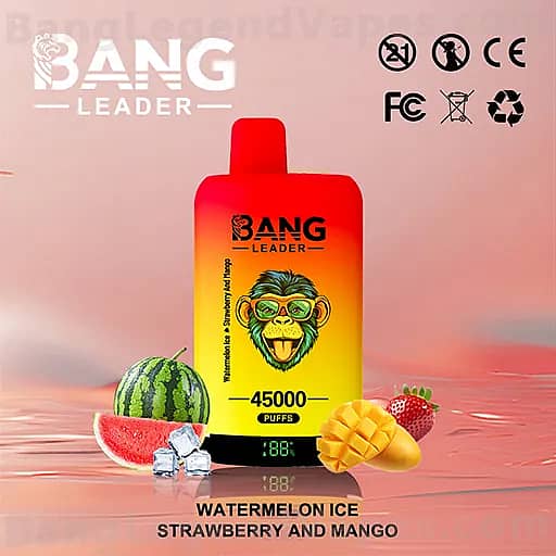 Bang Leader e-liquid bottle with a red-to-yellow gradient, labeled Watermelon Ice Strawberry and Mango and 45,000 puffs, set against a pink gradient background with watermelon, mango, strawberry, and ice cubes.