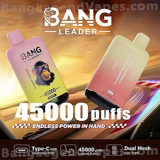 Two Bang Leader vape devices, one pink and one gradient yellow, with a monkey logo and '45000 puffs' text on a sunlit racing-track background, conveying endless power in hand.