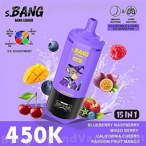 Purple s.BANG 15 in 1 bottle with a cartoon rat on the label, surrounded by fruit graphics like mango, cherries, blueberries, raspberries and passion fruit; price 450K; flavors Blueberry Raspberry, Mixed Berry, California Cherry, Passion Fruit Mango; features adjustable 4-level ice sensation and mouth and lung suction.