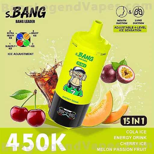 Bright yellow S. BANG energy drink bottle tilted to the right, featuring a cartoon character on the label, with cherries, passion fruit halves, and melon slices around it; highlights include 15 IN 1, Cola Ice, Cherry Ice, Melon Passion Fruit, and a large 450K price.