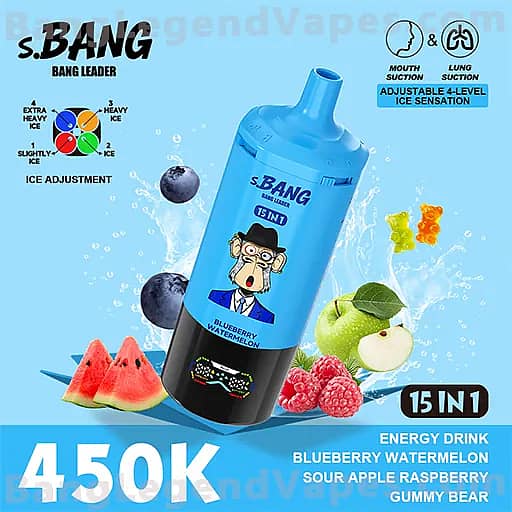 Bright blue S.BANG Bang Leader bottle with a cartoon professor on the label and '15 IN 1' energy drink, surrounded by berries and fruits (blueberries, watermelon, raspberries), with a large '450K' price and small graphics indicating adjustable 4-level ice sensation and mouth/lung suction.