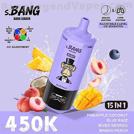 Purple S.BANG 15-in-1 disposable vape bottle with a cartoon monkey logo, surrounded by pineapple, coconut, blue razz, mixed berries, mango and peach, advertising adjustable ice level with mouth and lung suction, priced at 450K.