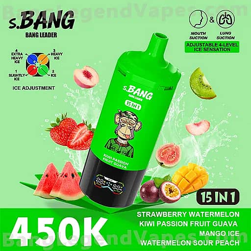 Bright green bottle of S. Bang vape product with a cartoon monkey logo, labeled 15 in 1, shown amid strawberries, watermelon, kiwi, passion fruit, mango and lime fruit graphics, advertising adjustable ice sensation and mouth or lung suction; price 450K.