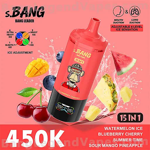 A pink S.BANG 15-in-1 vape bottle with a cartoon monkey on the label, promoting adjustable ice sensation, surrounded by watermelon, pineapple, mango, blueberries, and cherries on a pink background.