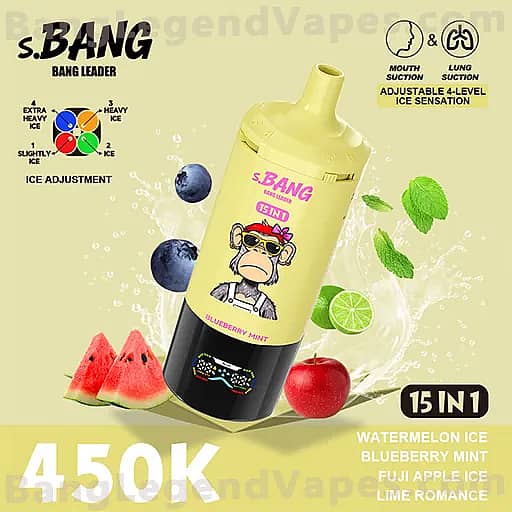 A tilted yellow vape juice bottle labeled S.BANG with a cartoon monkey on the label, advertising 15-in-1 flavors such as Watermelon Ice, Blueberry Mint, Fuji Apple, and Lime Romance, surrounded by watermelon slices, blueberries, mint leaves, lime, and an apple on a pale yellow background.