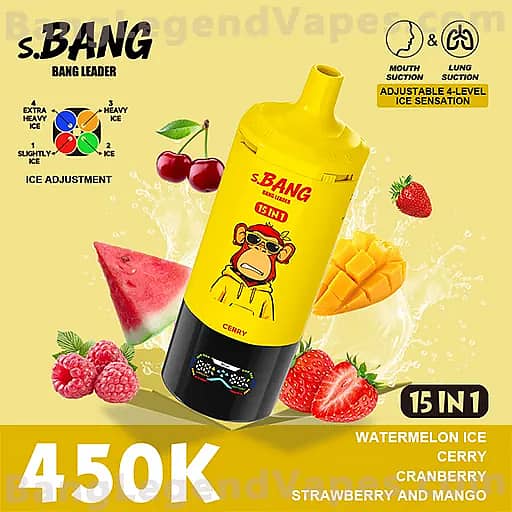 Bright yellow S.BANG 15 IN 1 vape bottle with a cartoon monkey wearing sunglasses leans against a fruit-filled background, advertising a 450K price and flavors of watermelon ice, cherry, cranberry, strawberry, and mango, with a small ice-adjustment diagram on the left.