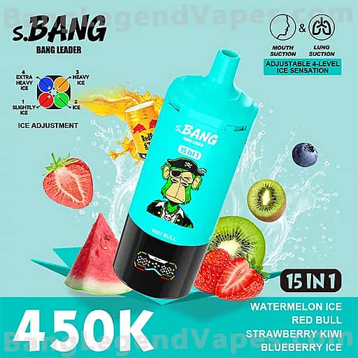 Turquoise S.BANG energy drink bottle with a pirate mascot and 15 IN 1 Watermelon Ice label, tilted amid slices of watermelon, strawberry, kiwi and blueberries on a teal background.