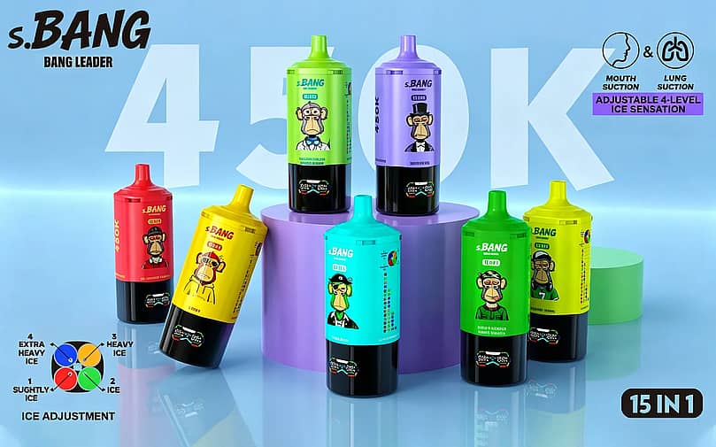 A vibrant display of s.BANG drink bottles in bright colors (green, purple, red, yellow, teal, and lime) with cartoon monkey mascots, arranged on purple pedestals against a blue gradient background, with icons for mouth and lung suction and a purple label reading 'ADJUSTABLE 4-LEVEL ICE SENSATION' and a '15 IN 1' badge.