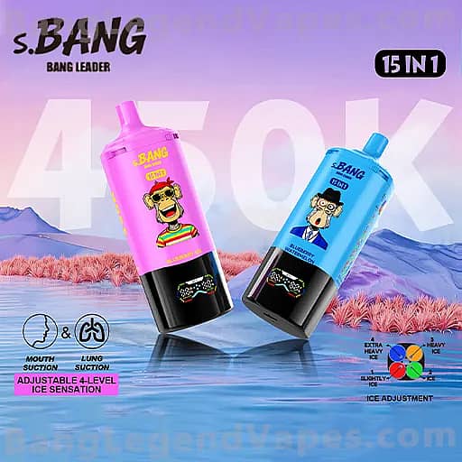 Two colorful squeeze bottles, pink and blue, with cartoon monkey logos and black caps, branded S. Bang Bang Leader, tilted on a reflective surface against a purple landscape with water and mountains; the design highlights adjustable 4-level ice sensation and icons for mouth suction and lung suction.