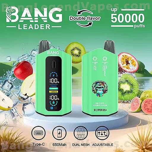 Two green Bang Leader vape devices on a circular platform with a fruit-filled backdrop; the left unit shows a digital display with power and turbo indicators, while the right unit features a mascot graphic, with branding that notes up to 50,000 puffs and icons for Type-C, 650mAh, dual mesh, and adjustable.