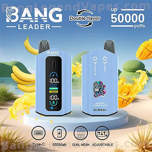 Two blue Bang Leader disposable vape devices on a tropical beach backdrop with fruit imagery, the left unit showing a vertical digital display with 100% power and turbo indicators and the right unit featuring a flavor logo, with text advertising up to 50,000 puffs and icons for Type-C charging, 650mAh battery, dual mesh coils, and adjustable settings.