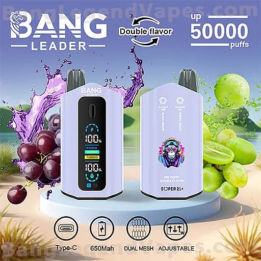 Two lavender BANG Leader vape devices on a circular display, the left unit showing a digital power screen and the right unit featuring lavender packaging with a mascot, set against a fruit-themed blue background advertising up to 50,000 puffs, with bottom icons for Type-C, 650 mAh, dual mesh, and adjustable.