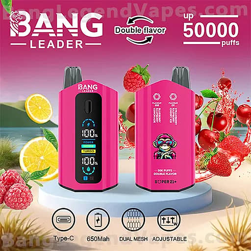 Two pink Bang Leader vape devices sit on a white circular platform in front of a pink gradient backdrop with lemons and berries; one device shows a digital screen while the other features product artwork, and the image highlights up to 50,000 puffs along with Type-C charging, 650mAh capacity, dual mesh, and adjustable settings.