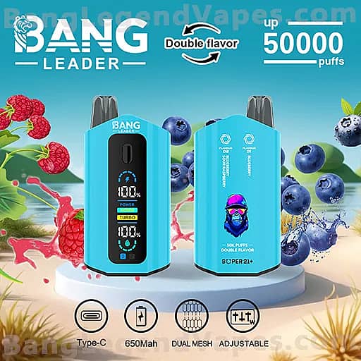 Two turquoise Bang Leader vape devices with a digital screen and 'Double flavor' branding stand on a platform amid raspberries and blueberries, advertising Type-C charging, 650mAh, dual mesh coils, adjustable airflow, and up to 50,000 puffs.