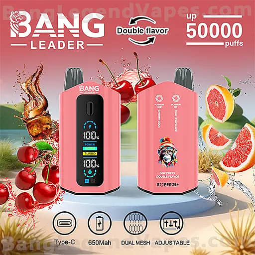 Two pink Bang Leader disposable vape devices with black front panels and digital displays sit on a blue pedestal amid fruit illustrations, advertising up to 50,000 puffs and a double flavor option.