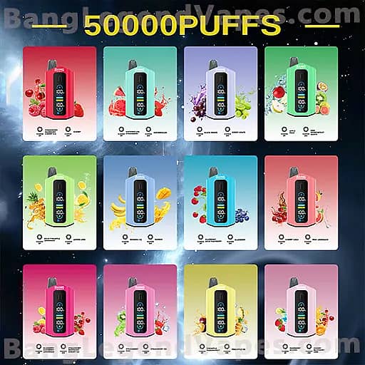 Twelve colorful vape device product cards arranged in a 4-by-3 grid, each featuring a black handheld vape with a digital display on a vibrant colored background, with a yellow 50000PUFFS banner at the top.
