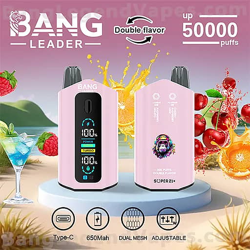 Two pink Bang Leader pod-style vape devices sit on a circular pedestal against a fruity, splashy background, promoting double flavor and up to 50,000 puffs, with icons indicating Type-C charging, a 650 mAh battery, dual mesh coils, and adjustable settings.
