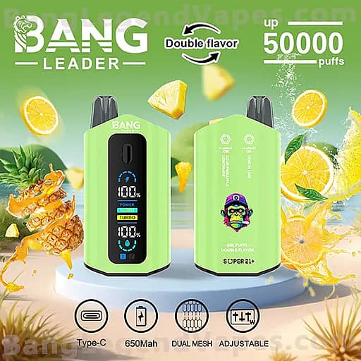 Two lime-green Bang Leader vape devices with black front panels and digital displays sit on a circular platform, surrounded by pineapple and lemon imagery, highlighting features such as Type-C charging, 650mAh capacity, dual mesh coils, adjustable settings, and up to 50,000 puffs with double flavor.
