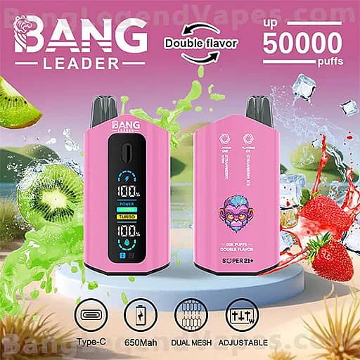 Two pink Bang Leader vape devices displayed on a circular pedestal against a bright fruit-themed background, one front with a blue digital screen and the other back with a “Double flavor” label, highlighting Type-C charging, 650 mAh battery, dual mesh, adjustable settings, and up to 50,000 puffs.