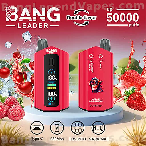 Two pink Bang Leader vape devices on a light blue circular platform against a berry-themed background; the left device shows a blue digital display, while the right device depicts its packaging and a cartoon figure, highlighting Type-C charging, 650 mAh battery, dual mesh coils, adjustable airflow, and up to 50,000 puffs with a double flavor.