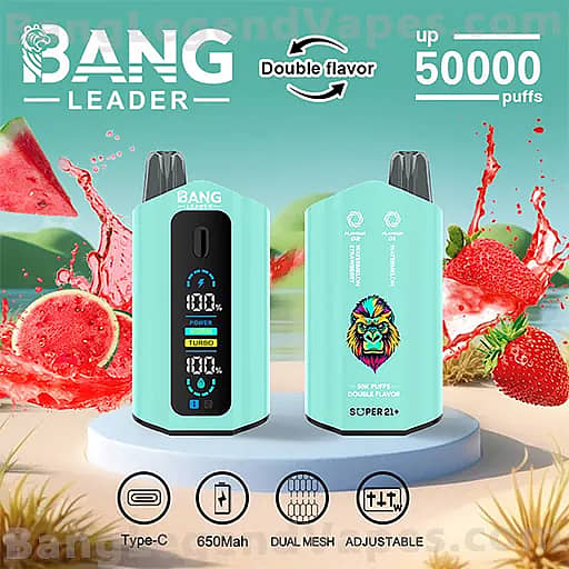Two turquoise Bang Leader vape devices on a white circular stand against a fruit-themed background with watermelon slices and strawberries; left device has a black front panel with a digital display, right device features a lion logo; bottom icons indicate Type-C, 650mAh, dual mesh, and adjustable, and text at the top notes up to 50,000 puffs.