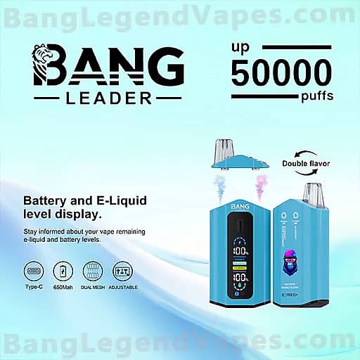 Two blue Bang Leader vape devices with a battery and e-liquid level display, labeled 'up to 50,000 puffs,' shown against a light blue gradient background with a BangLegendVapes watermark and icons for Type-C, 650 mAh, dual mesh, and adjustable settings.