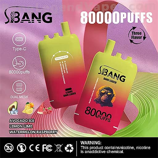 Two gradient-colored disposable vape devices from SBANG with a monkey logo, advertising 80,000 puffs and three flavors, featuring Type-C and dual‑mesh icons, and flavor names Avocado Ice, Lemon Lime, Watermelon Raspberry, set against a pink and green abstract background.