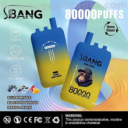 Two blue-to-yellow gradient disposable vape devices branded SBANG, advertising 80,000 puffs and three flavors—Blueberry Ice, Black Dragon Ice, and Mango Peach—with Type-C charging and a dual-mesh design, plus a nicotine warning.