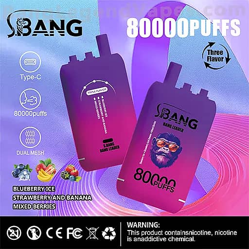 Two purple-pink vape devices labeled 80000 puffs sit against a blue-to-purple gradient background, branded SBANG, featuring a Three Flavor icon, Type-C and Dual Mesh icons, flavor names Blueberry Ice, Strawberry and Banana, Mixed Berries, and a nicotine warning at the bottom.
