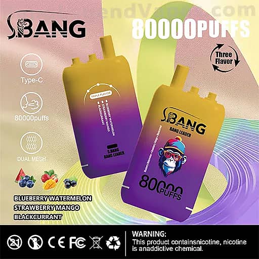 Two gradient yellow-to-purple disposable vape devices branded BANG, each labeled 80000 puffs, with flavor options blueberry, watermelon, strawberry, mango, and blackcurrant, and icons for Type-C charging and dual mesh.