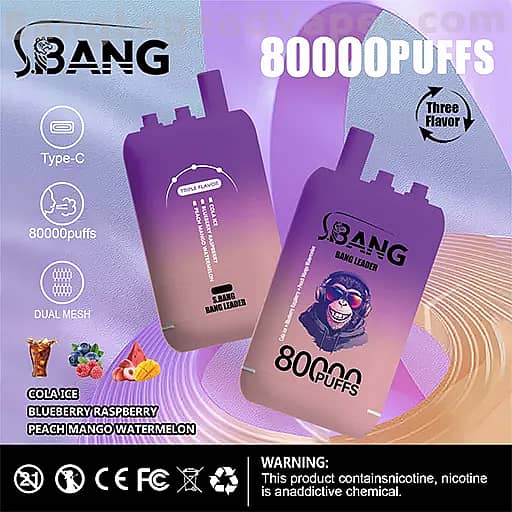 Two purple SBANG vape pod packages with a gradient purple background, one showing a cartoon monkey and the text 80000 PUFFS, surrounded by icons for Type-C charging and dual mesh, with listed flavors Cola Ice, Blueberry Raspberry Peach Mango Watermelon and a nicotine warning banner at the bottom.