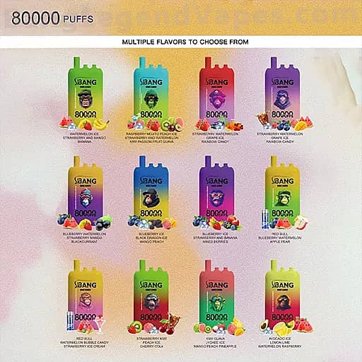 Grid of twelve colorful vape bottle packages arranged in three rows of four, each featuring a different fruit flavor with fruit graphics, with a header '80000 PUFFS' and a banner 'MULTIPLE FLAVORS TO CHOOSE FROM' above.