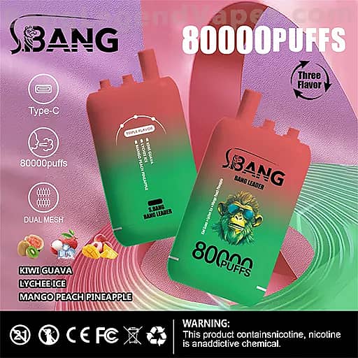 Two SBANG disposable vape devices with pink-to-green gradient and 80000 PUFFS branding sit against a purple background, showing Type-C, dual mesh, and a Three Flavor icon with listed flavors Kiwi Guava Lychee Ice Mango Peach Pineapple.