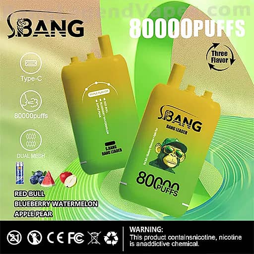 Two gradient green and yellow disposable vape devices labeled SBANG with 80,000 puffs, promoting a three-flavor mix including Red Bull, Blueberry Watermelon Apple Pear, set against a bright green and teal abstract background.